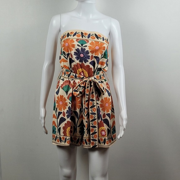 SHEIN Pants - Shein Floral Strapless Romper Womens Large Cream Orange Excellent Belted Tube